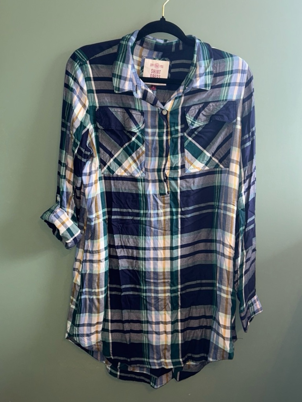 Kohl's Navy, Green & White Plaid Button-Down Shirt